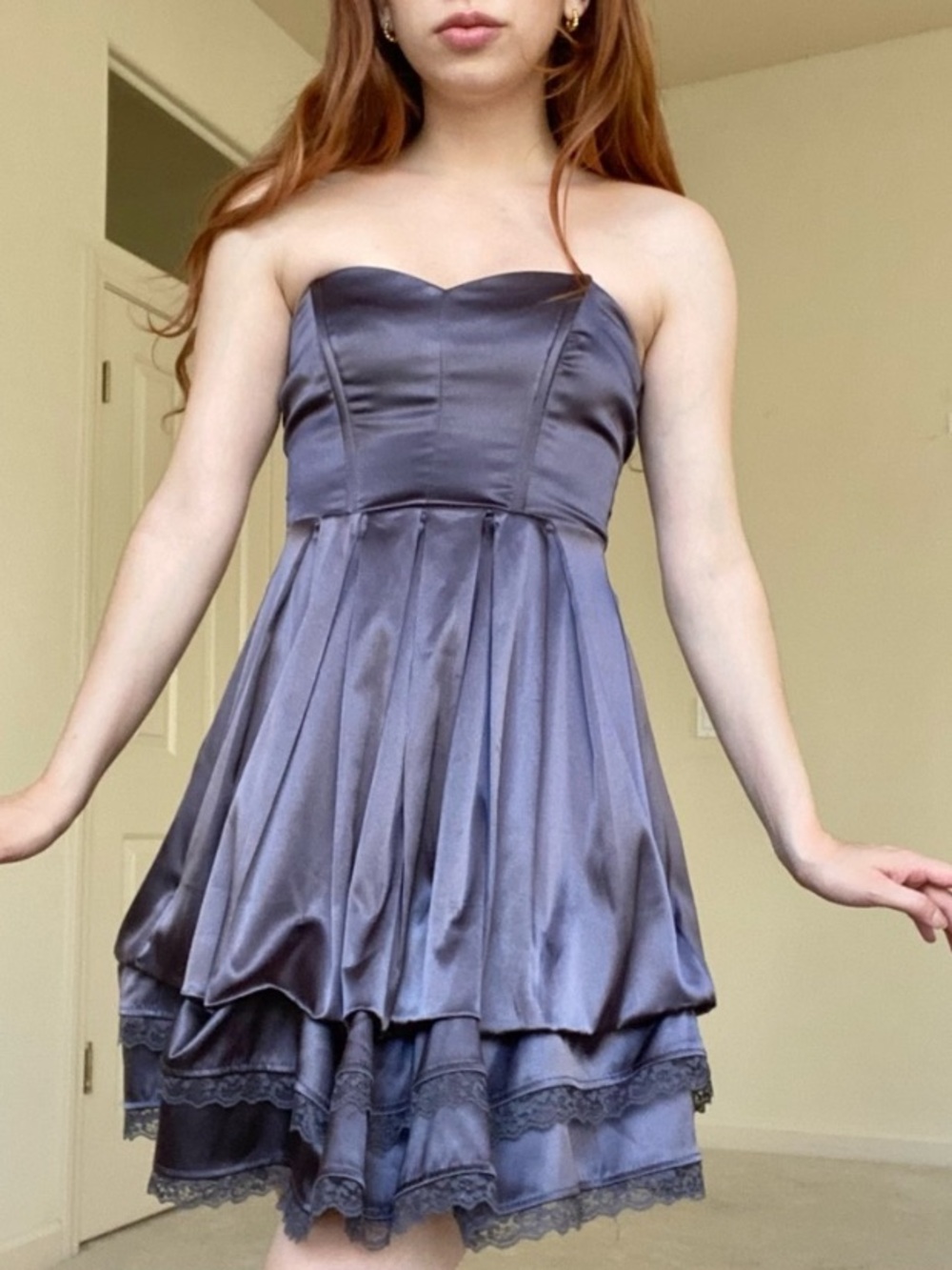 Strapless Satin Fit & Flare Dress in Slate Gray